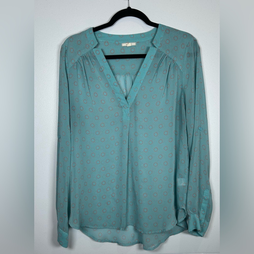 Pleione Teal Dot Long-Sleeve Blouse